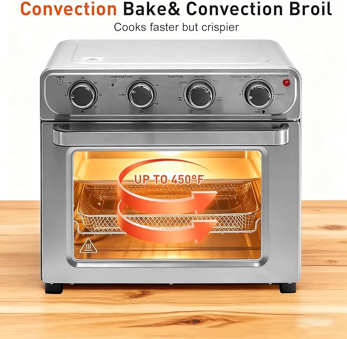 OLIXIS Air Fryer Toaster Oven Combo Extra Large, 26.4QT Convection Oven Countertop 4 Functions in 1, 4 Accessories Included, Stainless, Up to 450°F