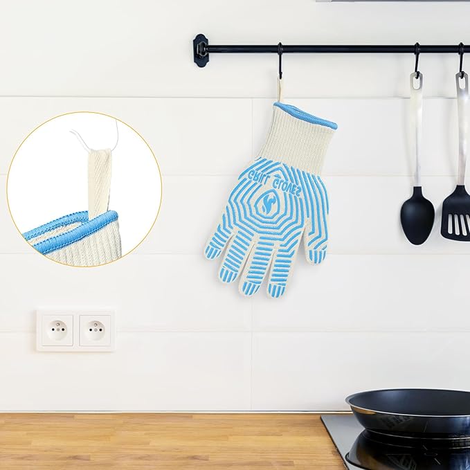 QUWIN BBQ Gloves, Oven Gloves 1472??Extreme Heat Resistant, Grilling Gloves Silicone Non-Slip Oven Mitts, Kitchen Gloves for BBQ, Grilling, Cooking, Baking-1 Pair??(Blue, One Size Fits Most)