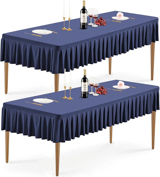 Wish Care 2 Pack Navy Blue Spandex Table Clothes for 8 Foot Rectangle Tables Wrinkle Free Fitted Stretch Fitted Tablecloths 8ft Pleated Ruffle Elastic Table Cover Skirt for Banquet Dining Home Party
