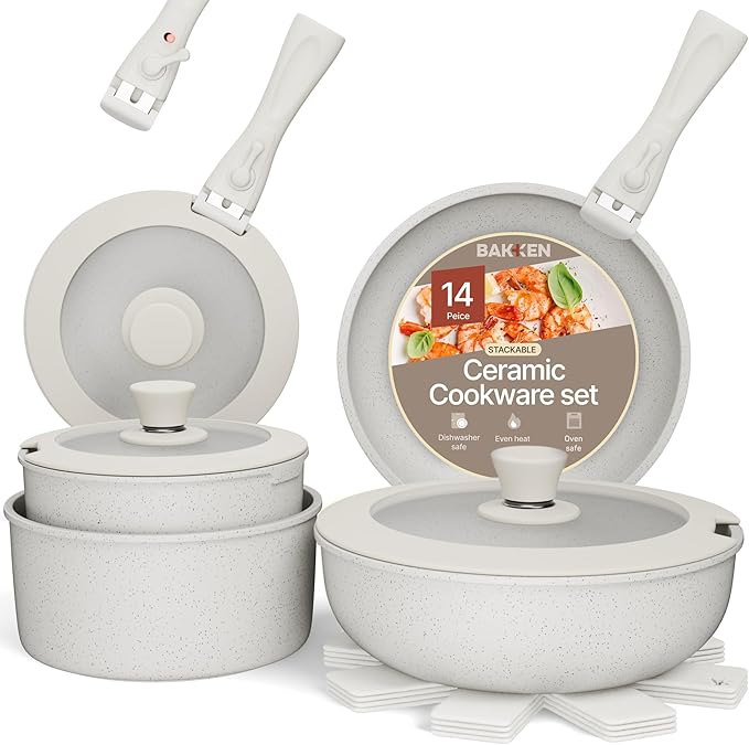 Pots & Pans Set Non Stick Ceramic-Granite ??14-Piece Cookware with Detachable Handles, Stackable Space-Saving, Dishwasher Safe, Stain-resistant, Oven & All-Stove Safe, Tempered Glass Lids, White Cream