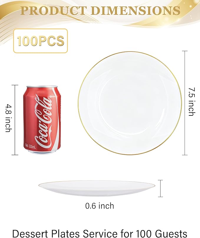 Nervure 100Pieces White with Gold Rim Plastic Plates - 7.5inch Disposable Gold Salad/Dessert Plate - White and Gold Plastic Plates Ideal for Wedding & Party & Thanksgiving