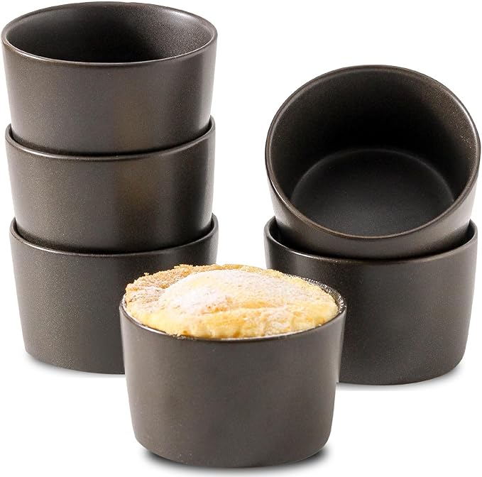 Tikooere Ramekins 6 oz, Oven Safe Souffl챕 Dishes for Creme Brulee, Souffle, Pudding, Lava Cake, Stoneware Custard Ramikens for Baking, Ceramic Sauce Bowls Set of 6, Kitchen Decor Gift, Matte Black