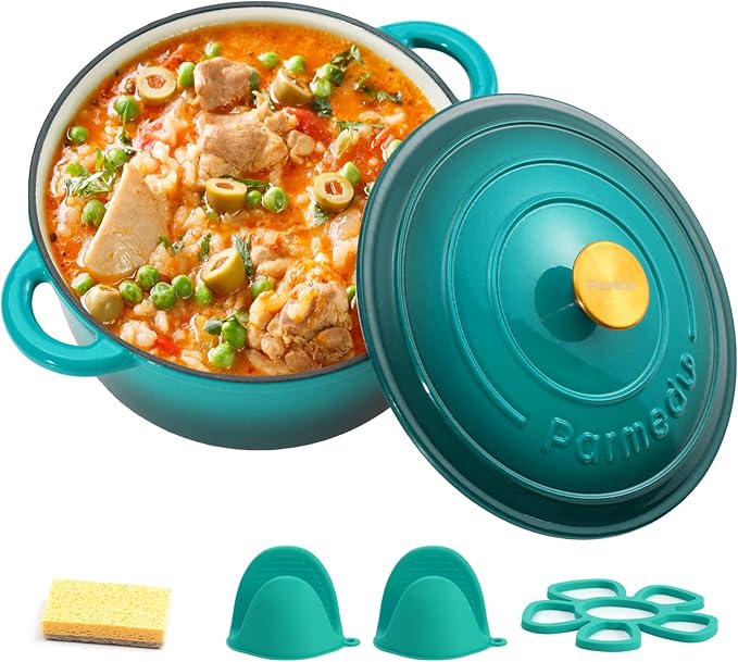 Parmedu Enameled Cast Iron Dutch Oven-5.5 Quart Pot with Lid, Dual Handle,Heavy Duty Cookware for Braising, Stews, Roasting, Bread Baking, Bottle Green