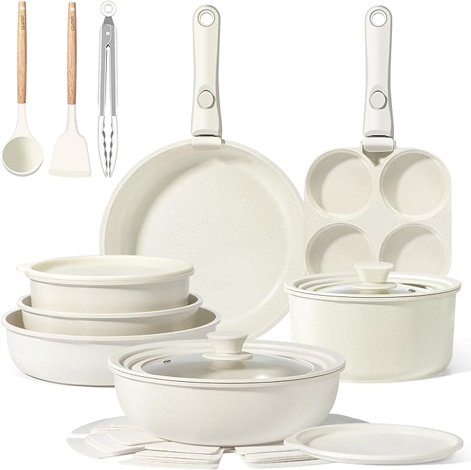 GiPP Ceramic Pots and Pans Set Non Stick, Nonstick Detachable Handle Cookware Sets, Healthy Non Toxic PFAS PFOA & PTFE Free, Dishwasher 竊냀ven Safe, Induction Kitchen Pot and Pan, 21 Piece Cream