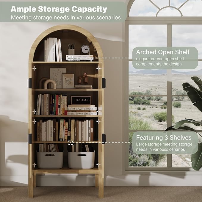 71" Tall Arched Fluted Storage Cabinet - Modern Pantry Cabinet with 4-Tier Shelves, Open Display & Sealed Storage, Accent Sideboard for Living Room Kitchen Dining Room (Natural Wood)