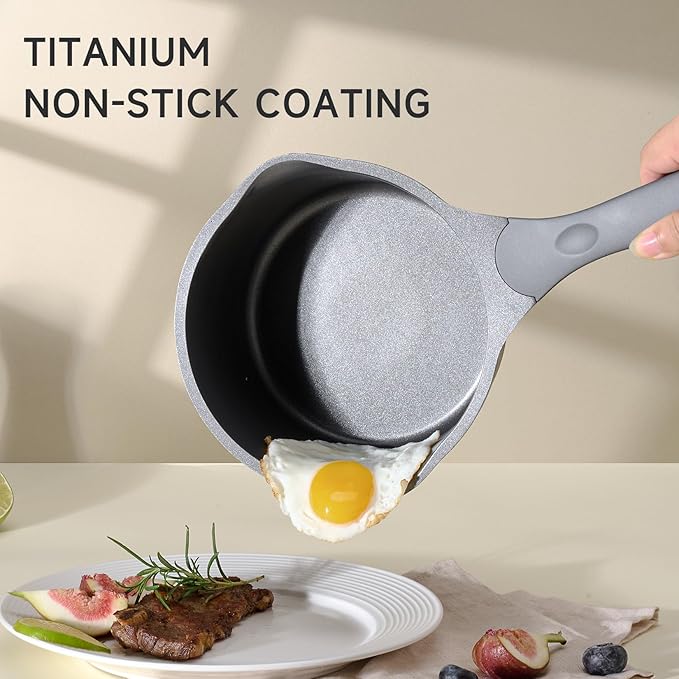 JEETEE Ceramic Sauce Pan with Lid, 1.5 QT Titanium Non Stick Cooking Pot for Home Kitchen, Suitable for Induction, Non Toxic, PFOA/PFAS Free (Gray)