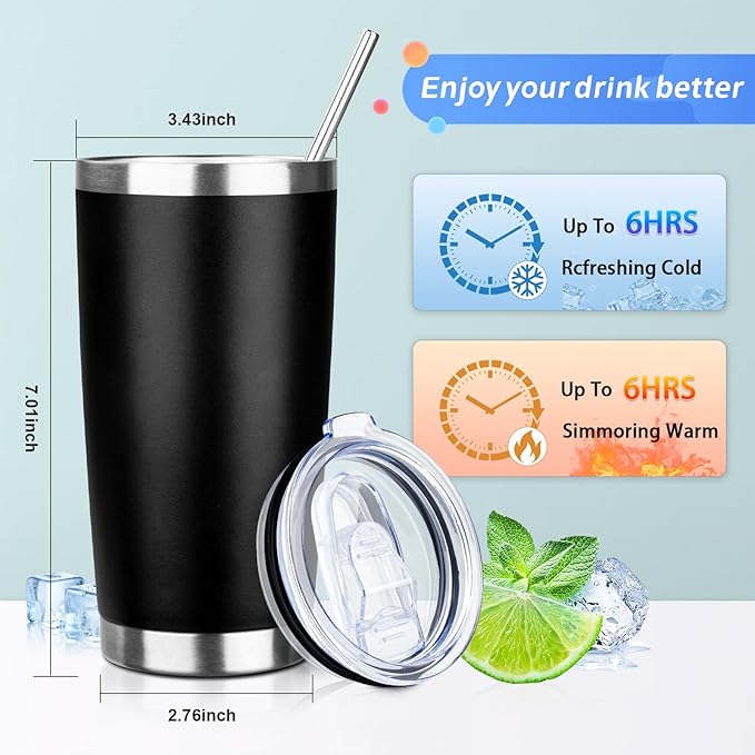 ATIKZHE 20oz Tumbler with Straw and Brush, Stainless Steel Vacuum Insulated tumbler, Double Wall Insulated Coffee Tumbler for Outdoor, Home, Travel,Office (Black,4pcs)