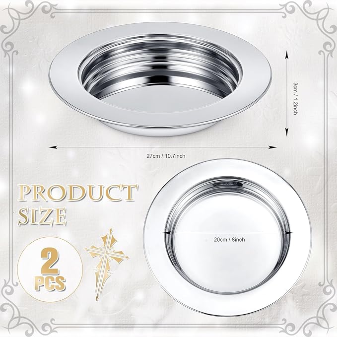 Zhehao 2 Pcs Communion Plates for Church Communion Bread Tray Plate Church Supplies Set Polished Stainless Steel Tray (Silver)