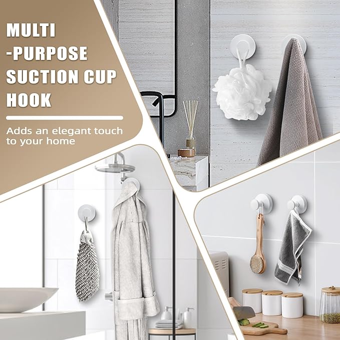 Suction Cup Hooks for Shower No-Drill Bathroom Hooks for Towels, Robes, Loofah Mountable on Bathroom Walls, Kitchen, Glass, Mirrors, Tile and Smooth,Non-Porous Surfaces (4, White)