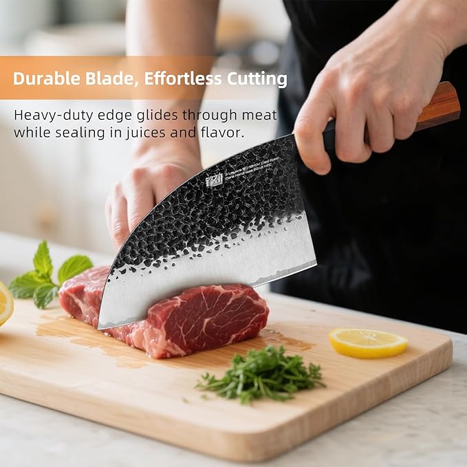 FINDKING Dynasty Series Serbian Chefs Knife with Leather Sheath, Heavy Duty Meat Cleaver, 9Cr18MoV High Carbon Steel Blade, African Rosewood Octagonal Handle, for Meat, Chicken Bones, 6.5 Inches