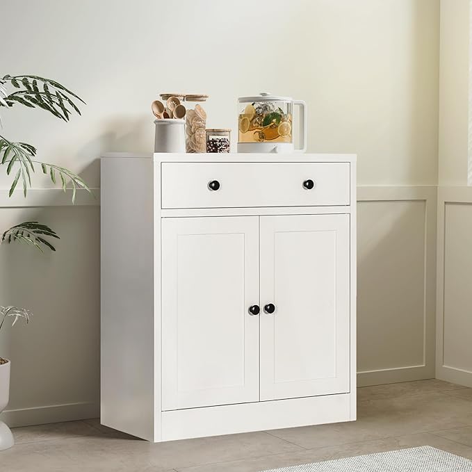 CJF Metal Buffet Cabinet, Coffee Bar Cabinet with Drawer & Adjustable Shelf, Sideboard Cabinets for Kitchen, Coffee Bar, Bathroom, Entryway, Home Office, Pantry-White