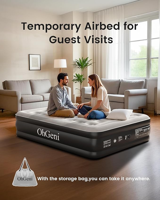 OhGeni Air Mattress Queen with Built in Pump, Inflatable Mattress Blow Up Mattress 18 Raised Comfort,Upgraded Surface Portable Bed, Air Bed for Home, Guest, Camping, Colchone Inflable, 650 lbs