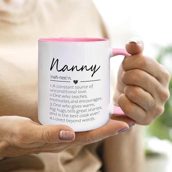 QASHWEY Nanny Definition Coffee Mug, Nanny Grandma Mother's Day Birthday Gifts for Granddaughter Grandson, Best Grandma Nanny Gifts Double Side Printed Ceramic Mug Cup 11 Ounce(Pink)