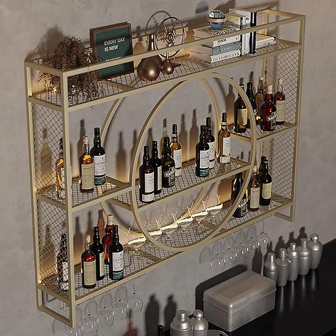 Modern Wine Storage Rack Wall Mounted With LED Light With Wine Glass Holder,Iron Bar Liquor Shelf,Floating Wall Wine Shelves,Bar Liquor Bottle Display Shelf For Kitchen Bar Decoration Gold/Black ( Col