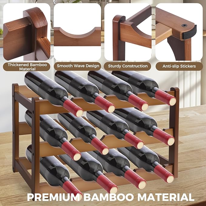 Janedream 4-Tier Bamboo Wine Rack for 16 Bottles, Easy-to-Assemble Countertop Wine Storage Shelf, Sturdy Tabletop Wine Holder for Kitchen, Inside Cabinet, Pantry, or Home Bar (4 Tier)