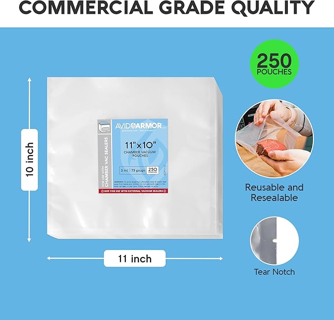 Avid Armor Chamber Vacuum Sealer Bags ??Heavy Duty, BPA-Free, Pre-Cut Chamber Vacuum Bags for Food Preservation, Freezer Storage, Sous Vide and more, 250/Pack (11x10) ??Multi-Use Vacuum Bags