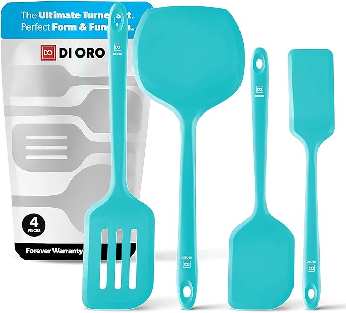 New DI ORO Silicone Turner Spatula Set - Kitchen Spatulas for Nonstick Cookware - Cooking Utensils for Flipping Eggs & Pancakes - 600째F Heat-Resistant BPA Free Turners - Dishwasher Safe (4pc, Teal)