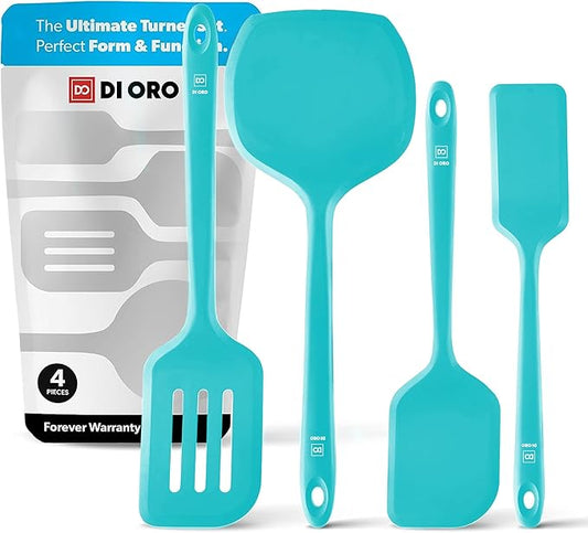New DI ORO Silicone Turner Spatula Set - Kitchen Spatulas for Nonstick Cookware - Cooking Utensils for Flipping Eggs & Pancakes - 600째F Heat-Resistant BPA Free Turners - Dishwasher Safe (4pc, Teal)