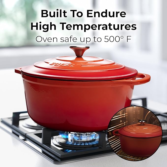 Zulay Kitchen 7.7 Quart Enameled Cast Iron Dutch Oven Pot with Lid ??Premium Durability & Oven Safe up to 500째F ??Heavy Duty Cookware Perfect for Bread Baking, Stews, Braising & Roasting ??Orange