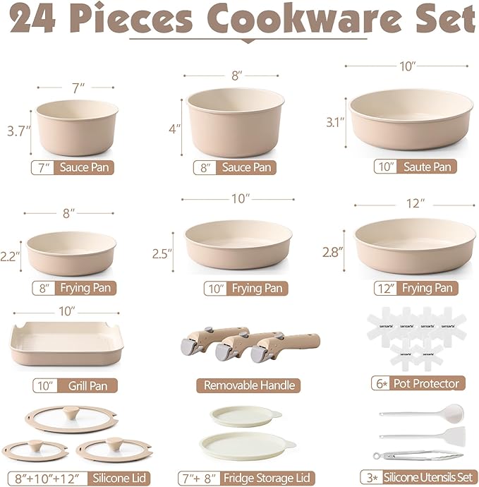 SENSARTE 24 Piece Ceramic Pots and Pans Set, Nonstick Detachable Handle Cookware, Induction Cookware Set with Removable Handle, Healthy Non Stick for RV, Dishwasher竊냀ven Safe, PFOA Free (Almond Beige)