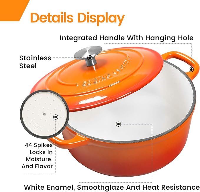 Enameled Cast Iron Dutch Oven, 5.5 Quart, Round Cast Dutch Ovens Pot with Lid Dual Handle for Bread Baking, Oven Safe up to 500째F, Orange