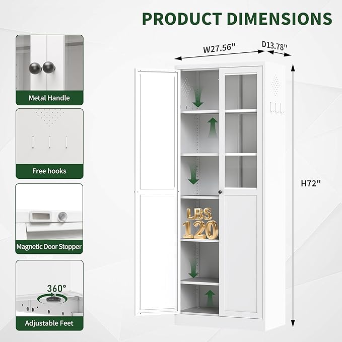 72" Tall Kitchen Pantry Cabinet,White Metal Pantry Cabinet with 2 Doors & 5 Adjustable Shelves,Utility Storage Cabinet Rust-Resistant for Living Room,Dining Room,Bathroom,Garage,Basement