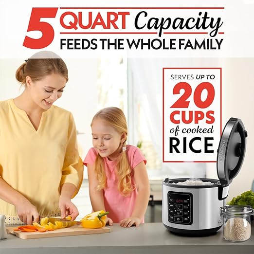 Gourmia Rice Cooker ??5 Qt Capacity, 20 Cup Cooked, 10 Cup Uncooked, Digital Controls, 6 Cooking Presets, Grain Cooker & Steamer, Nonstick Pot, Steam Tray, Delay Timer, Keep Warm, Stainless Steel