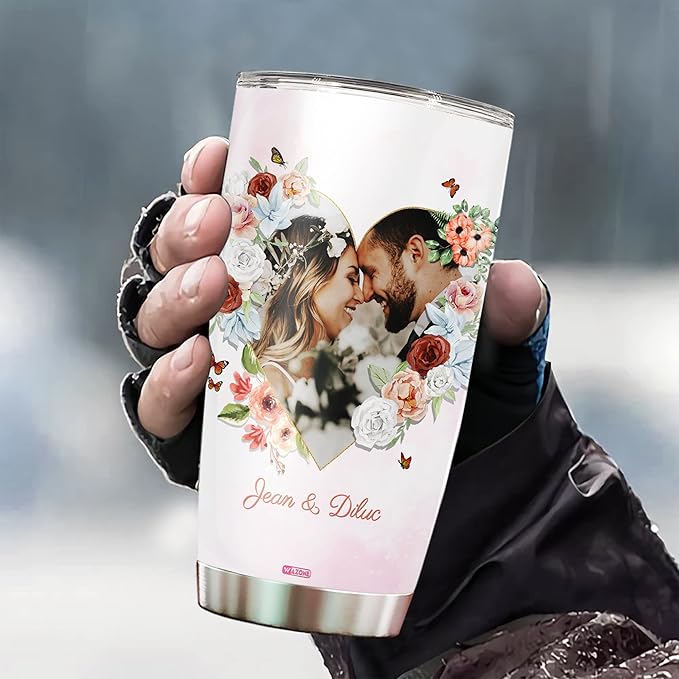 WAZONE Personalized Couples Tumbler With Picture Customized Floral Photo Frame Couple Travel Mugs With Text Name 20 30 Oz StainlessGifts For Lovers Women Men Girl On Valentine's Day Bi