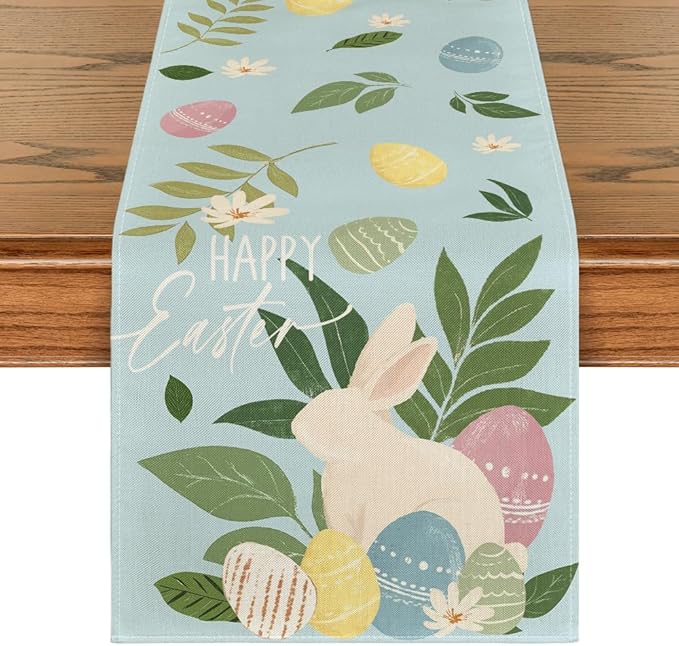 Artoid Mode Blue Bunny Eggs Leaves Flowers 210 GSM Easter Table Runner, Seasonal Spring Kitchen Dining Table Decoration for Home Party Decor 13x36 Inch