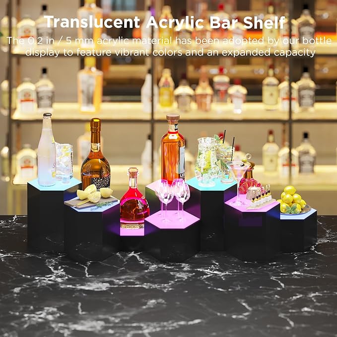 Dethan Hexagon Lighted Liquor Bottle Display Shelf - Wall-Mounted Wine Rack with Multi-Color App & Remote Control, Adjustable Brightness & Sound Modes, Acrylic Bar Shelves for Club Displays