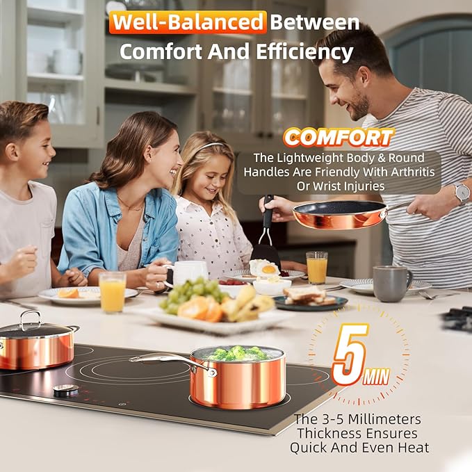 Deluxe DUXANO 14PC Healthy Pots and Pan With 9H Anti-scratch Coating, 2-Layer Non-Stick Ceramic&PFAS Free (Copper)
