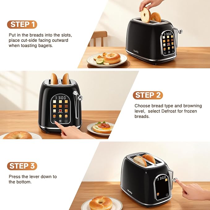 Mecity Toaster 2 Slice, Touch Screen Wide Slot Retro Toaster For Breads Bagel Muffin Waffle, House Warming Gift New Home, 120V 825W, Jet Black