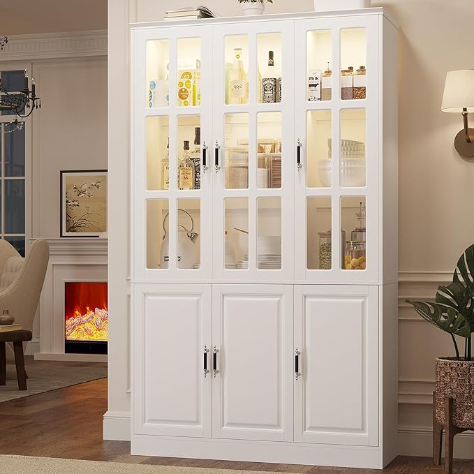 MEISSALIVVE 78.7" Kitchen Pantry Storage Cabinet with LED Lights, Tall Pantry Cabinet with Glass Doors, Kitchen Hutch Utility Pantry, White (47.2" W x 15.7" D)