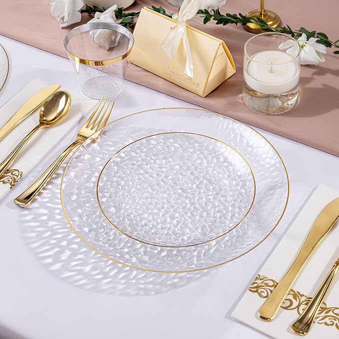 DaYammi 60PCS Clear Gold Plastic Plates Disposable Hammered Heavy Duty Platos Premium 10inch Dinner Plates Hard Plastic Platos Disposable for Party Wedding Bridal Shower