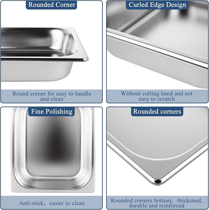 QTLCOHD 6 Pack Half Size Hotel Pans, 1/2 Inch 2.5 Inch Deep Stainless Steel Steam Table Pan, Commercial Food Pan for Chafing Dishes, Breading Trays for Hotel, Party, Buffet, Catering Supplies