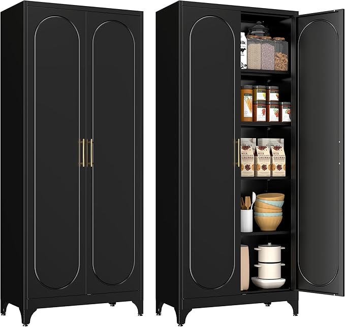 Pantry Cabinet, 75 Inch Tall Kitchen Storage Cabinet, Metal Pantry Cabinets with Doors and Adjustable Shelves, Black Freestanding Food Cupboard for Living, Dinning Room-Assembly Required