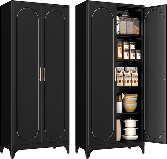 Pantry Cabinet, 75 Inch Tall Kitchen Storage Cabinet, Metal Pantry Cabinets with Doors and Adjustable Shelves, Black Freestanding Food Cupboard for Living, Dinning Room-Assembly Required