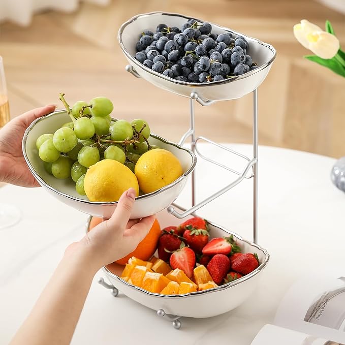 Ceramic Fruit Bowl for Kitchen Counter - 3 Tier Fruit Basket with Metal Stand, Tiered Fruit Stand for Countertop, Snack, Nuts, Cake, Dessert, Cute (Silver-rimmed, Small)