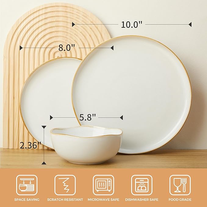 24 Piece White Ceramic Plates and Bowls Sets for 8, Reactive Glaze Stoneware with Coastal?멛ine Look | Ideal for Holiday Entertaining, Thanksgiving, and Large Family Meals