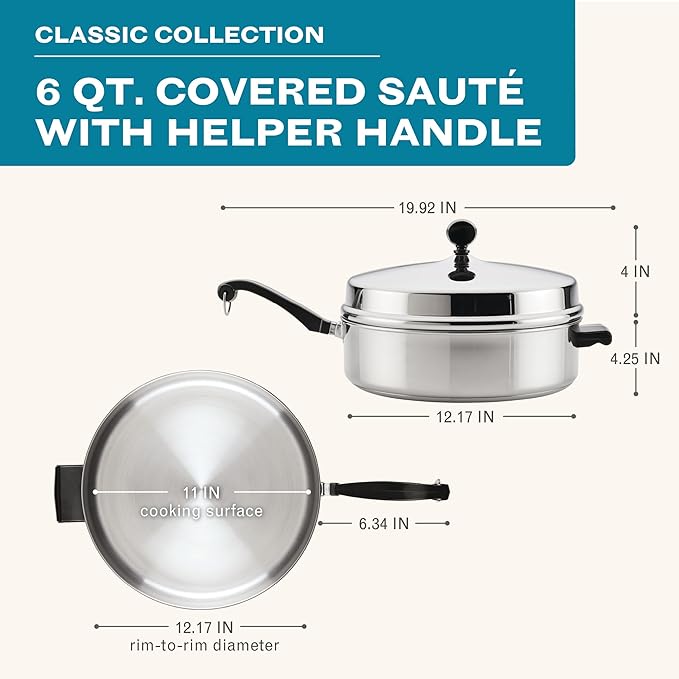 Farberware Classic Series Anniversary Edition Stainless Steel Saut챕 Pan and Lid with Helper Handle, Induction Suitable, 6 Quart Jumbo Cooker, Metal Utensil Safe - Stainless Steel