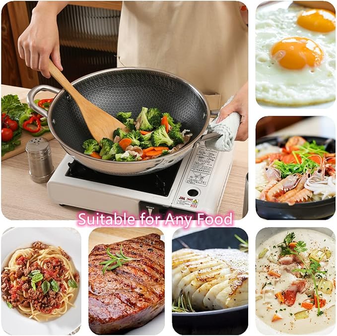 Hikaru 12.5??Wok Pan with Dual Honeycomb Wok Stainless Steel Wok Pan with Nonstick Coating, Frying Pans Cookware, Two Handles,Works with Induction ,Gas, Electric, Ceramic Furnace Stove, Without Lid