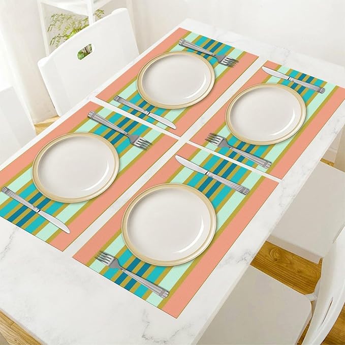 Colorful Stripes Placemat, Set of 4 Heat Resistant PVC Place Mats for Kitchen Table