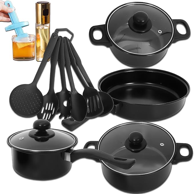 7-Piece Non-Stick Aluminum Cookware Set - Pots and Pans, Pot & Pan Sets Nonstick with Lids for Frying, Boiling, Stewing & Sauteing (Black)
