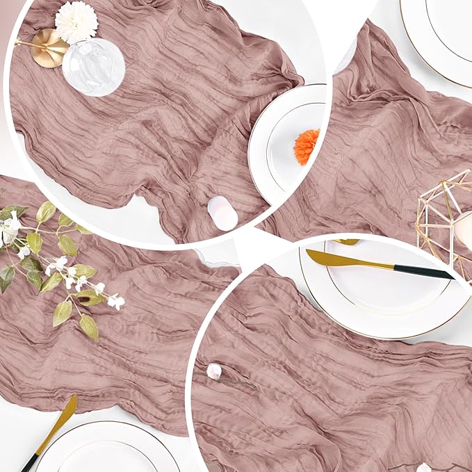 4 Pack Dusty Pink Cheesecloth Table Runner 20 x 120 inch Gauze Table Runners 10 FT Long,Semi Sheer Cheese Cloth Fabric Table Runner Bulk for Wedding,Party,Baby Shower,Bridal Shower Decoration