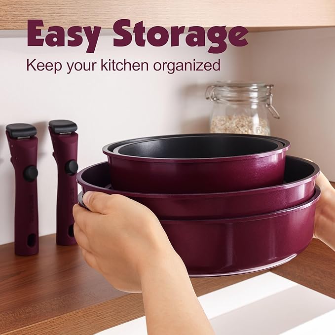 SENSARTE 17 Piece Pots and Pans Set, Nonstick Detachable Handle Cookware Set, Induction Thermo-Signal Cookware Set with Removable Handle, Healthy Non Stick for RV, Dishwasher 竊?Oven Safe (Purple)