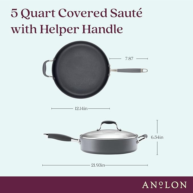 Anolon Advanced Home Hard Anodized Nonstick Saut챕 Pan with Helper Handle and Lid, 5 Quart - Moonstone
