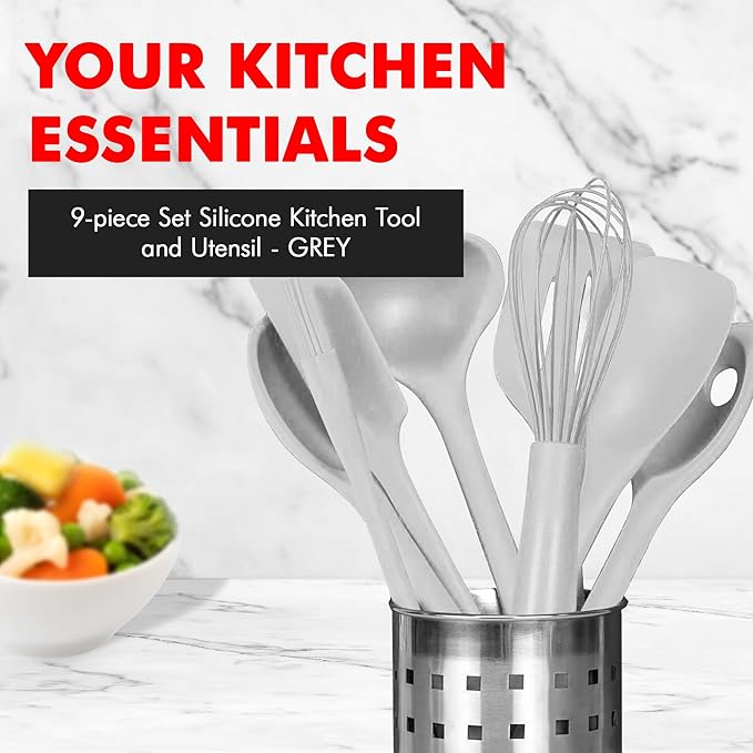 Chef Craft - Premium Silicone Kitchen Tools and Utensils Set, Non-Scratch, Withstands Temperatures up to 450째F, BPA-Free, 9 Piece Cooking Utensils Set, Gray