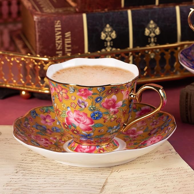 KAMMAK Tea Cups and Saucers Set of 2, Porcelain Coffee Cups with Saucer for Espresso, Cappuccino, 6.3oz Vintage Gold and Blue Ceramic Novelty Mug for Home, Tea Party, Office