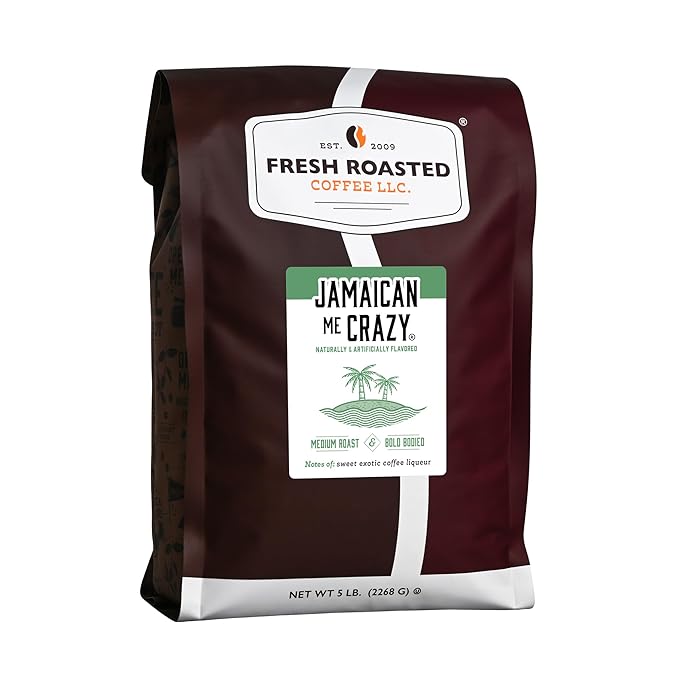 Fresh Roasted Coffee, Jamaican Me Crazy Flavored Coffee, 5 lb (80 oz), Medium Roast, Kosher, Ground