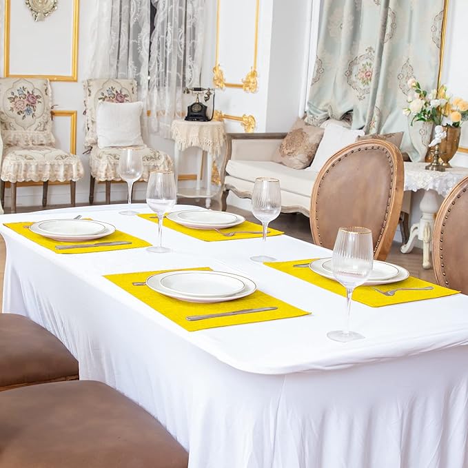 Linen Fabric Placemats Set of 6, Machine Washable, Heat Resistant, Wrinkle Free, Thick Polyester Kitchen Place Mats for Dining Table (Yellow)